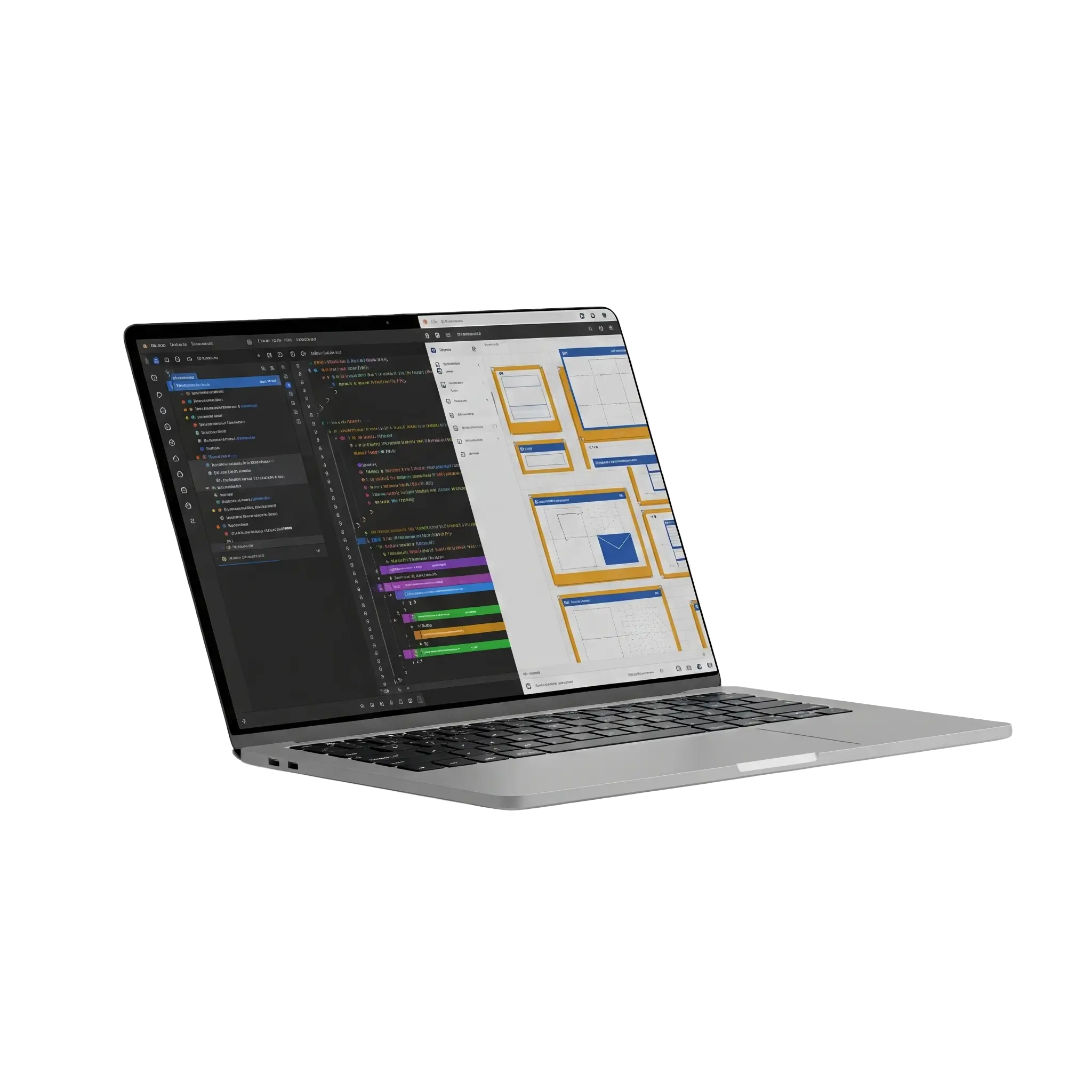 Ein MacBook mit einer Webseite und Code daneben symbolisiert Webentwicklung